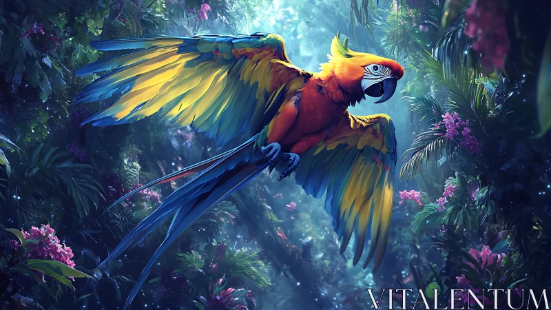 Luminous Macaw in Tropical Canopy, Digital Painting Composition.