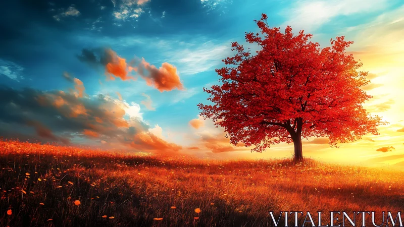 Solitary red tree anchors a saturated sunset meadow vista