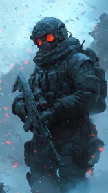 Snowbound soldier stands ready amid glowing winter embers