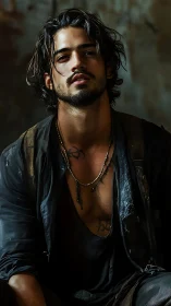 Moody portrait of rugged man in worn dark clothing.