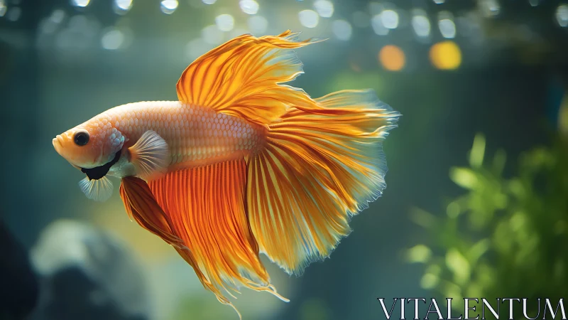 Orange betta fish swims in clear, softly lit aquarium