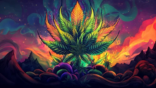 Psychedelic cannabis leaf rises in a neon cosmic sky.