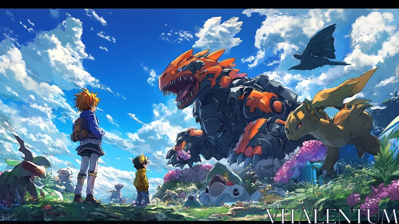 Young explorers meet a gentle mech dragon in bright skies.