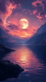 Luminous full moon over violet fjord at radiant dusk.