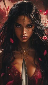 Fierce warrior woman framed by rose petals and ritual dagger