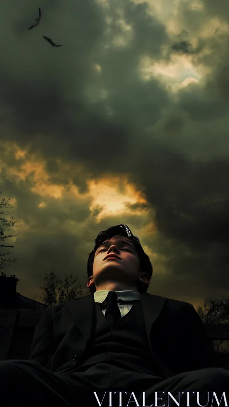 Dramatic low-angle portrait under turbulent storm cloud field.
