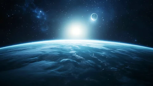 Sunrise over Earth from space with glowing blue horizon.