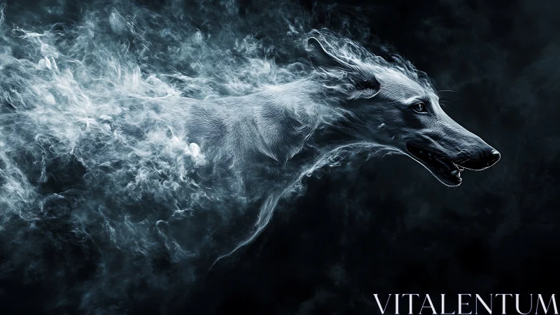 Ethereal sprinting dog rendered in dynamic smoke trails.