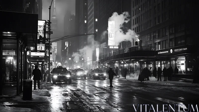 Noir winter city street with taxis and steam at night.