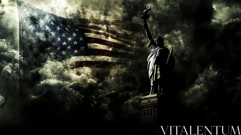 Storm-obscured Liberty monument with spectral US flag overlay.