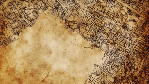 Hand-drawn urban street grid overlays weathered parchment void center