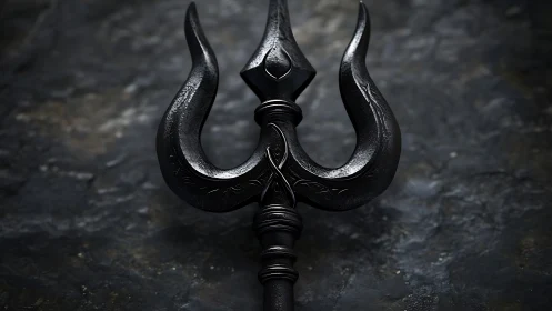Dark metal trident rests on textured stone surface