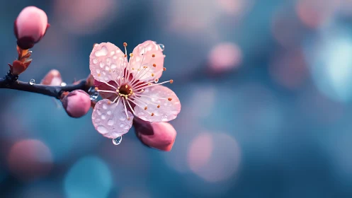 Macro view of dewy pink blossom on blurred blue bokeh.
