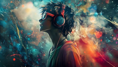 Headphoned dreamer immersed in neon cosmic soundscape.
