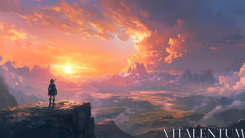 Backlit adventurer surveying volumetric dawn over valleyscape.