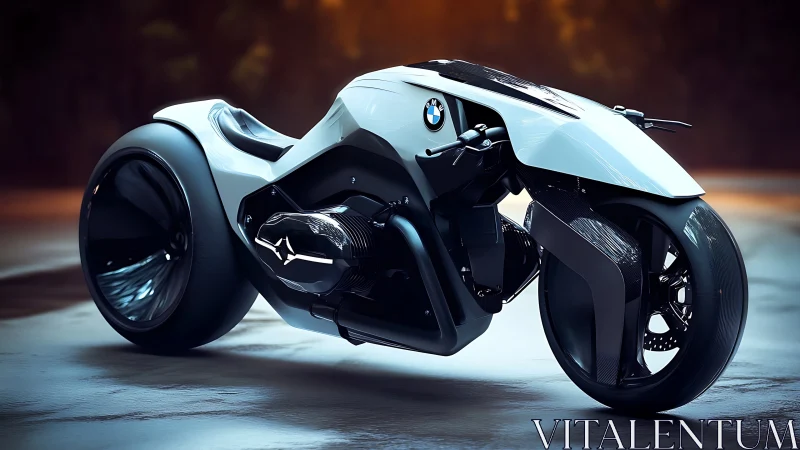 Futuristic BMW concept motorcycle stands on wet reflective ground