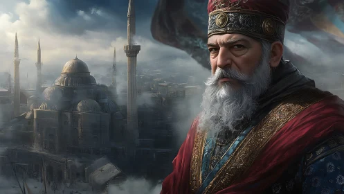 Imperial sultan overlooks misty domed city at dawn.