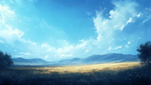 Sunlit grassland stretches beneath a vast, luminous sky