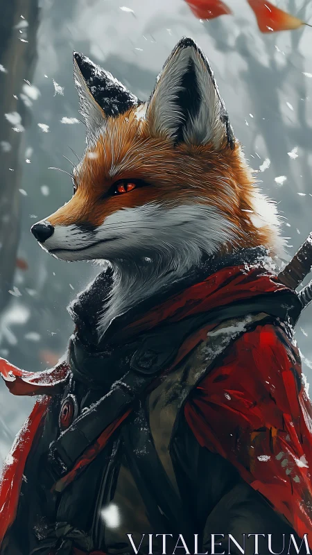 Anthropomorphic fox warrior stands in snowy forest environment