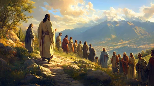 Sunlit teacher guides disciples along a radiant mountain path.