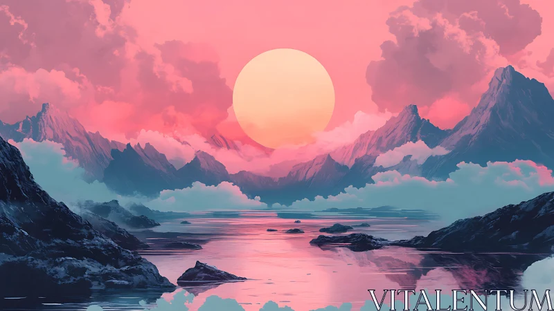 Pink sun over stylized mountains and reflective water.