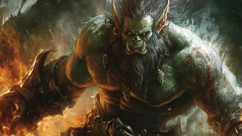 Battle-scarred orc warlord strides through blazing chaos.