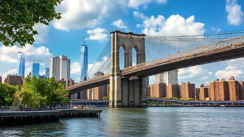 Brooklyn Bridge suspension span framing dense Manhattan skyline.