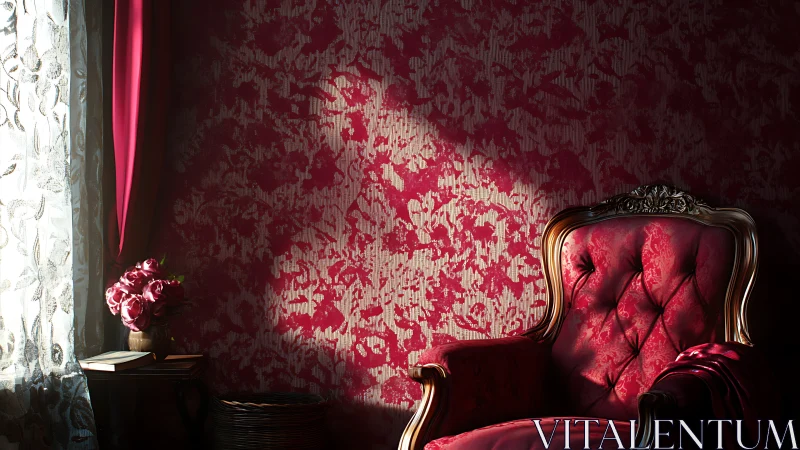Baroque red armchair in raking window light defines ornate interior