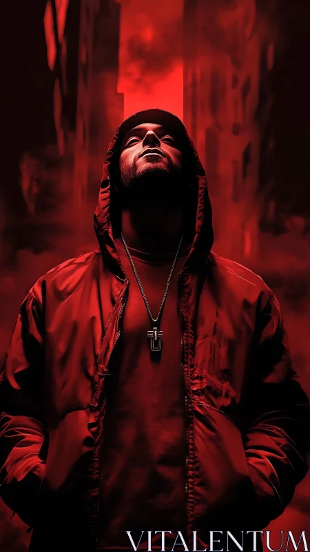 Hooded male figure in red jacket under red urban light.