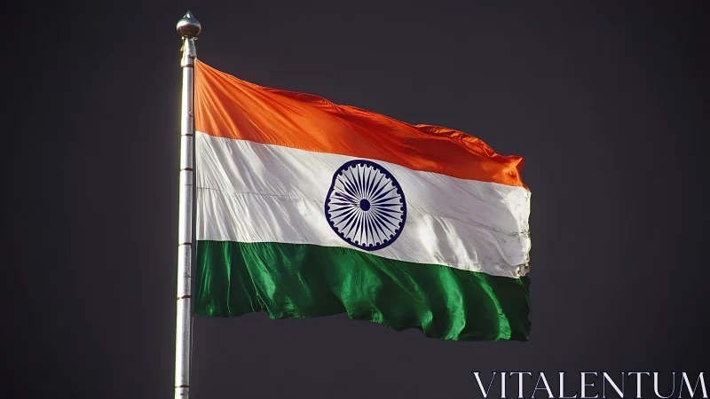 Indian tricolour flag under directional daylight, high contrast.