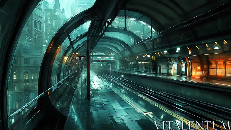 Futuristic glass transit platform in dense urban tunnel.