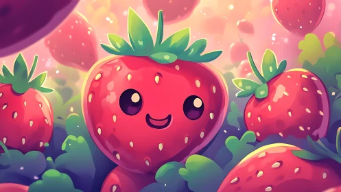 Anthropomorphic strawberry cluster in luminous digital grove.