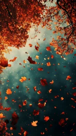 Golden autumn leaves drifting gently through twilight sky.