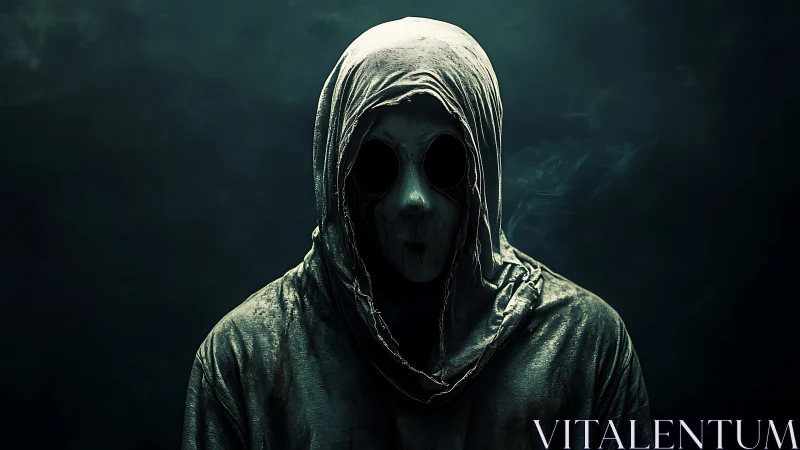 Mysterious hooded figure emerging from deep green shadows.