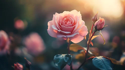 Soft pink garden rose glows gently in warm evening light