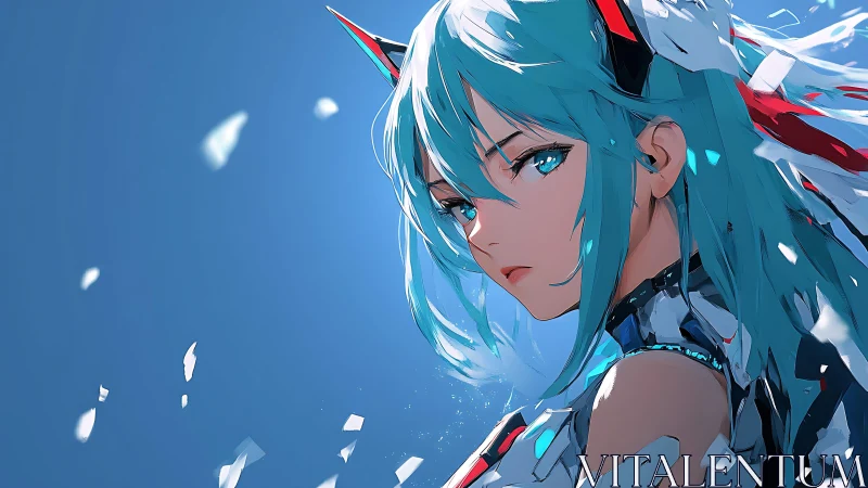 Angular cyan-haired mecha heroine in dynamic anime portrait.