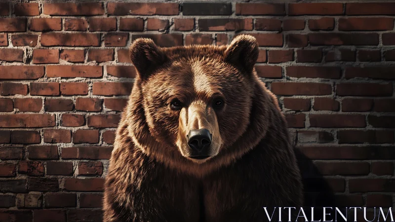 Brown bear against brick wall in controlled frontal view.
