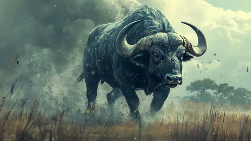 Large horned buffalo moving through dusty savanna field.