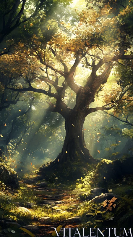 Luminescent Forest Sanctuary: Ancient Treehouse Beneath Golden Canopy