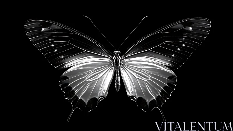 Silver-winged butterfly glowing in a quiet night sky.