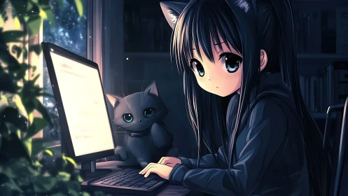 Quiet night coding with curious cat and glowing screen.