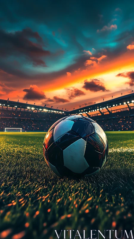 Soccer ball on stadium pitch under dramatic sunset sky.
