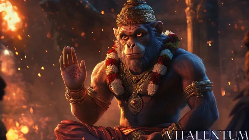 Divine monkey warrior in temple ruins with raised blessing hand.