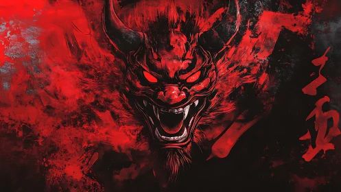 Demonic oni mask erupting from crimson smoke and shadows.