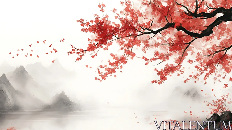 Red blossom branch arcs over misty mountains and lake