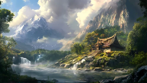 Mountain shrine overlooks misted river in luminous digital landscape