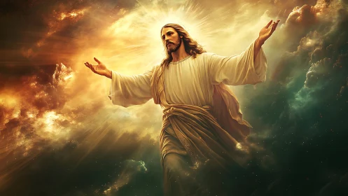 Radiant robed savior ascends through blazing cosmic light.