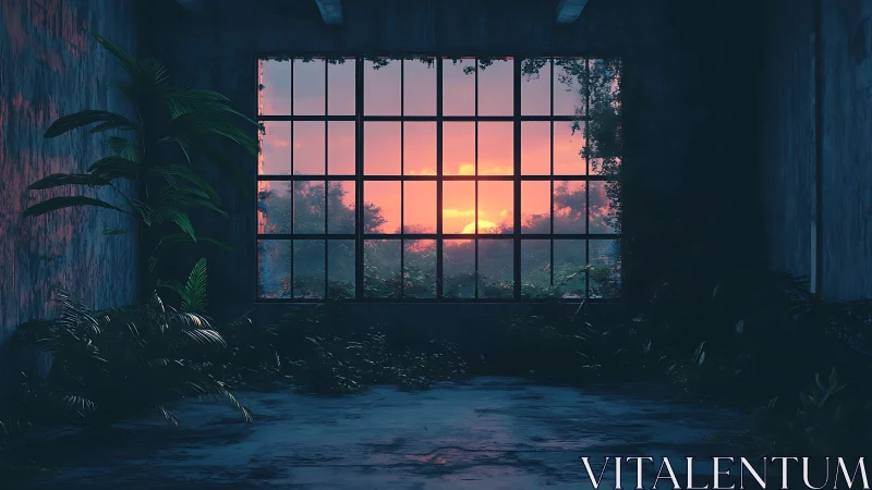 Overgrown empty room facing wide sunset window view.