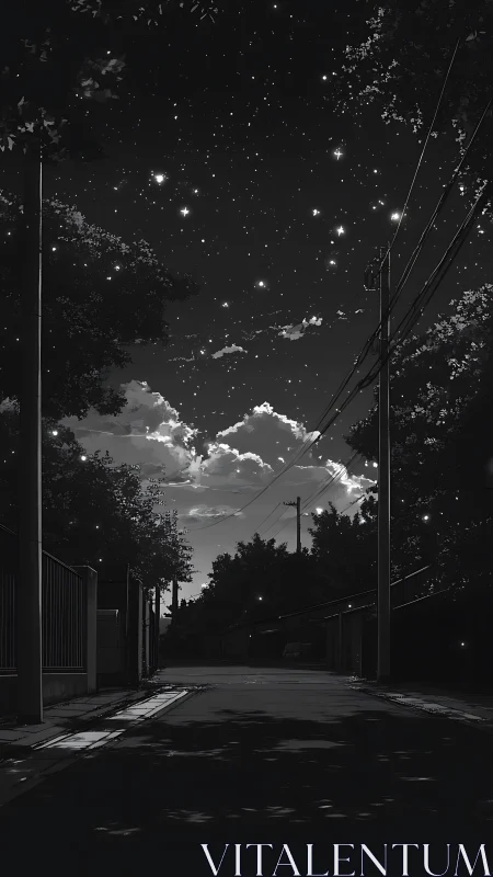 Monochrome suburban nightscape with luminous starfield sky.