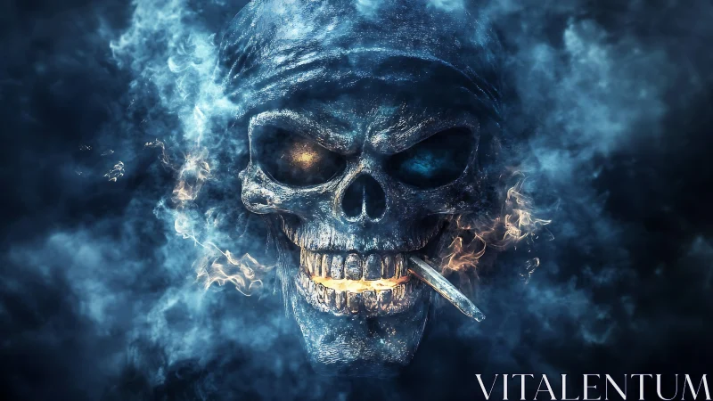 Flaming skull portrait in atmospheric digital painting style.